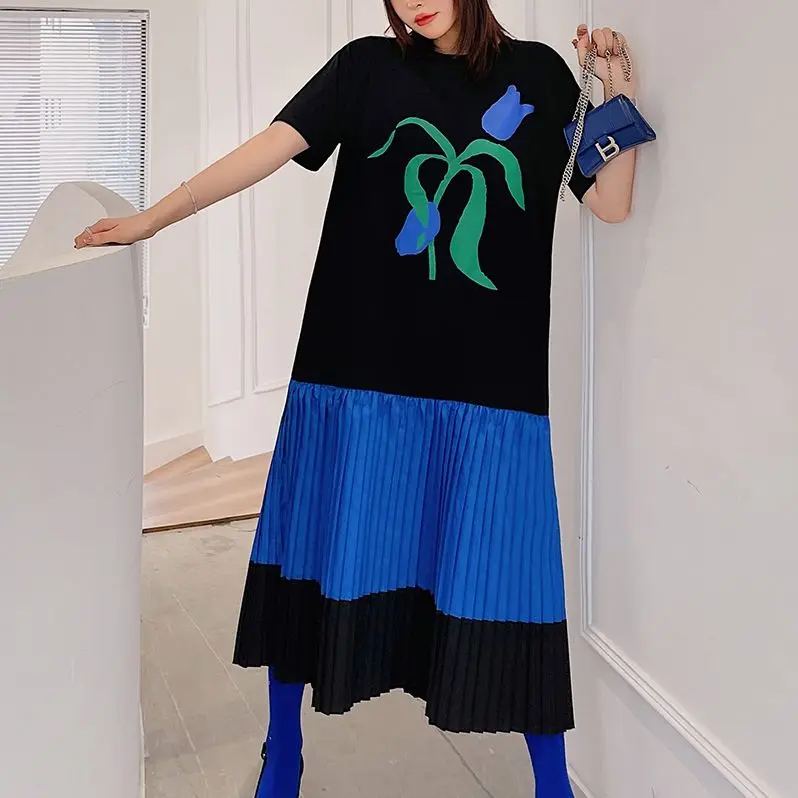 

Женское Хлопковое платье-футболка с цветочным принтом, свободное повседневное простое плиссированное платье контрастных цветов, лето 2022