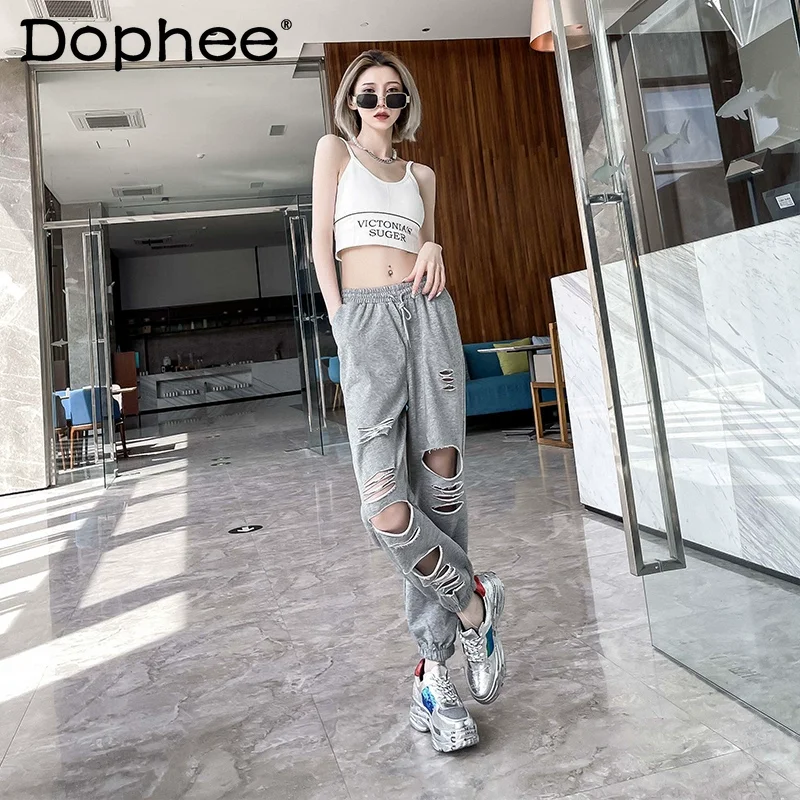 

Белые брюки с дырками 2023, женские спортивные брюки, повседневные брюки, летние новые тонкие прямые свободные длинные брюки с завышенной талией и завязкой на щиколотке