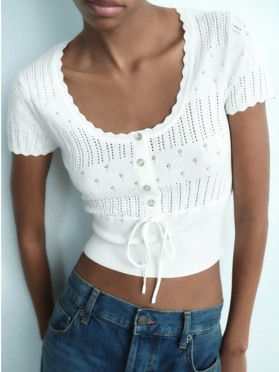 

Women Jacquard Mesh Knitted Crop Top Summer 2023 New Female O-Neck Single Breasted Short Sleeve Lace Up T-Shirt Solid Chic Tops