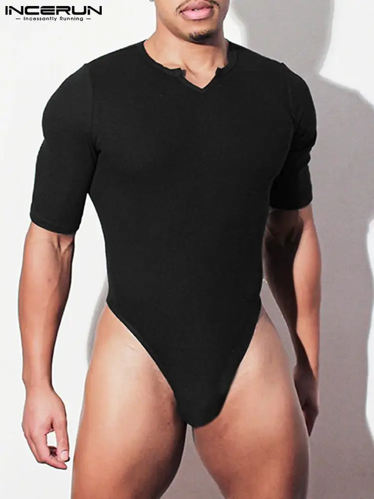 

2022 Men Bodysuits Pajamas Solid Color V Neck Short Sleeve Sexy Rompers Fashion Fitness Homewear Men Bodysuit INCERUN Plus Size