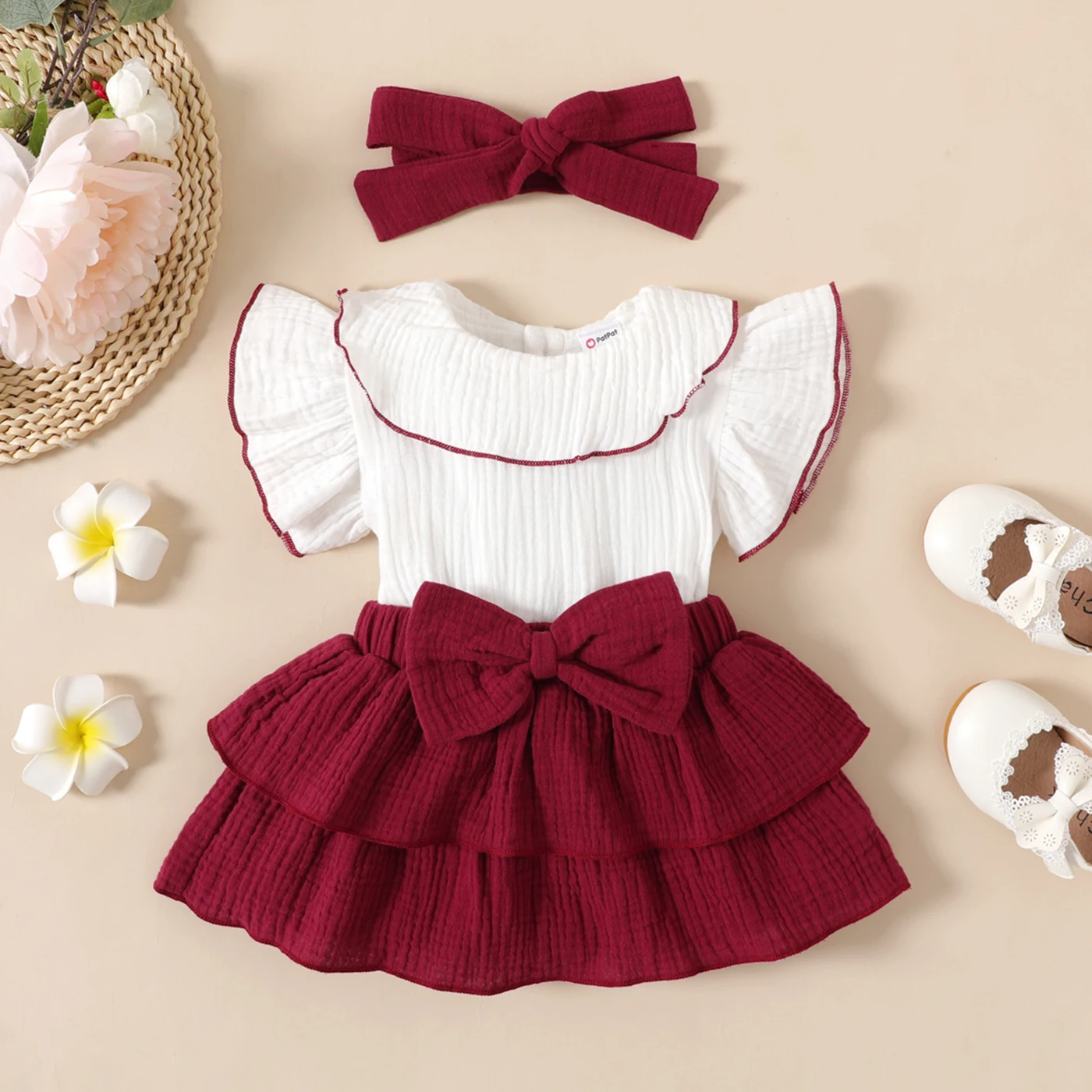 

PatPat 2pcs Baby Girl 100% Cotton Crepe Two Tone Layered Ruffle Trim Butterfly-sleeve Romper & Headband Set