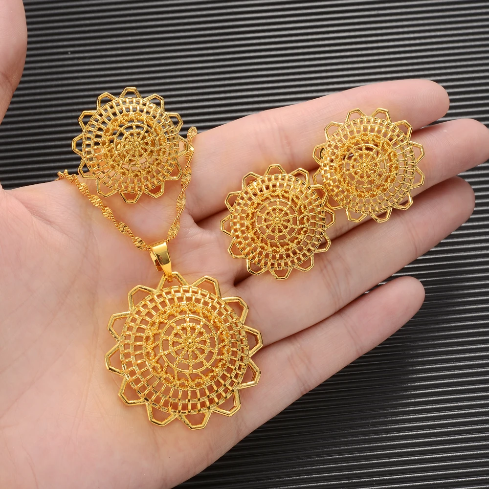 

Ethiopian Big Flower Jewelry Necklace Ring and Earrings Ethiopia Gold Eritrea Sets for Women's Habesha Wedding Party Gift