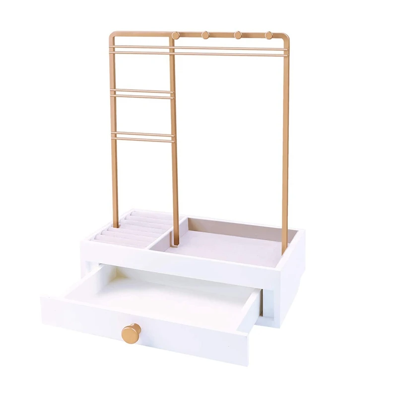 

White Jewelry Storage Rack with Large Storage Box Desktop Jewelry Stand