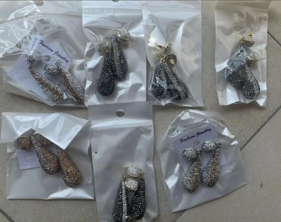 

7 Pairs, Teardrop Black Silver Color Golden Crystal Earrings Paved Crystal Rhinestone Beads Dangle Earring