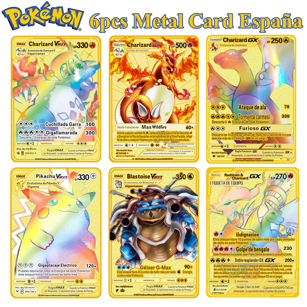 

6pcs Spanish Pokemon Letters Metal Cards España Pokémon GX SP Charizard V VMAX Pikachu Collection Gold Card Game Kids Toy Gift