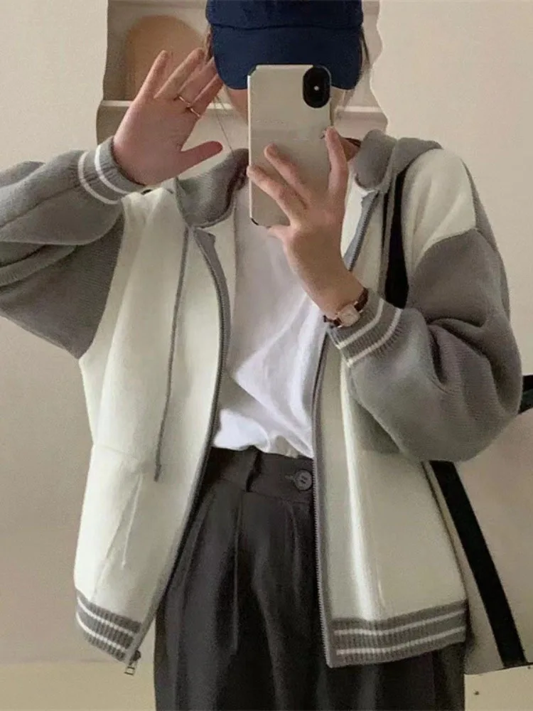 

Autumn Vintage Women Color Patchwork Cardigan Y2k Fashion Loose Casual Zipper Hooded Knitted All Match Sweater Coats Harajuku