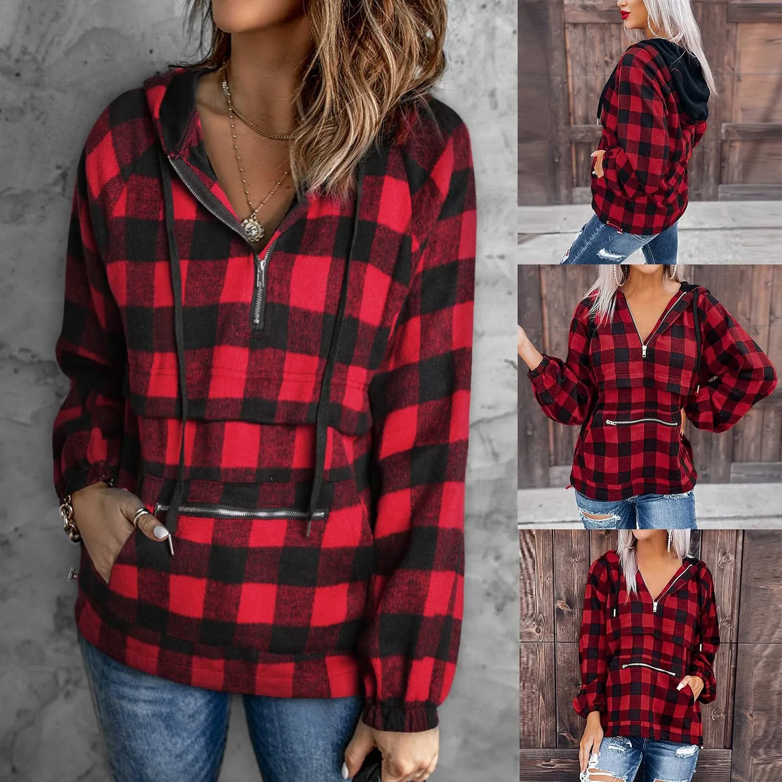 

Женские толстовки на молнии, женский красный свитер в клетку с капюшоном, Женский пуловер на молнии с V-образным вырезом и длинным рукавом