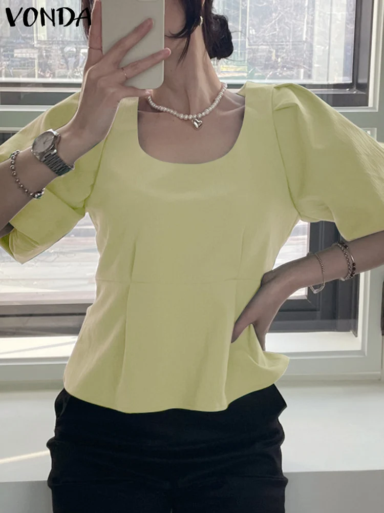 

VONDA 2023 Summer Tops Fashion Women Blouse Square Collar Solid Short Puff Sleeve Shirts Tunic Casual Loose Blusas Femininas