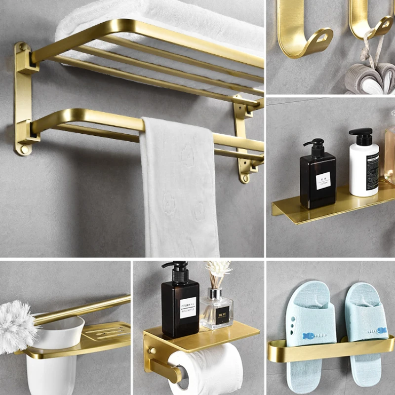 

Nordic fashion brushed gold towel rack punch-free anti-rust folding bathroom organizer high quality space aluminum toilet shelf