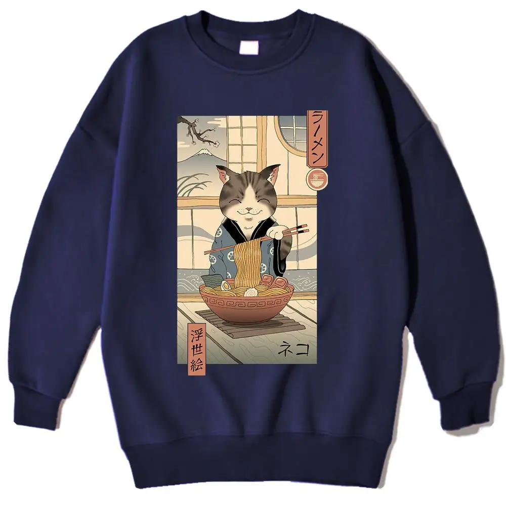 

Neko Ramen Ukiyo-e Japan Comics Print Mens Clothes Loose Autumn Warm Hoodies Fleece Warm Sweatshirt Street Fleece Hoody Male