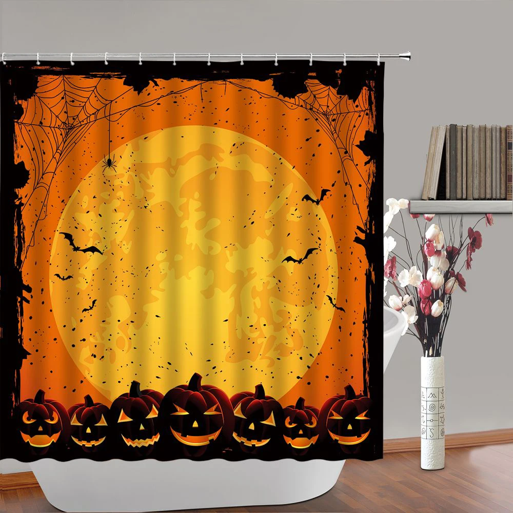 

Color Print Shower Curtain Halloween Moon Night Spider WebBat Waterproof Fabric Bath Curtains Bathroom Decor with Hooks Screen