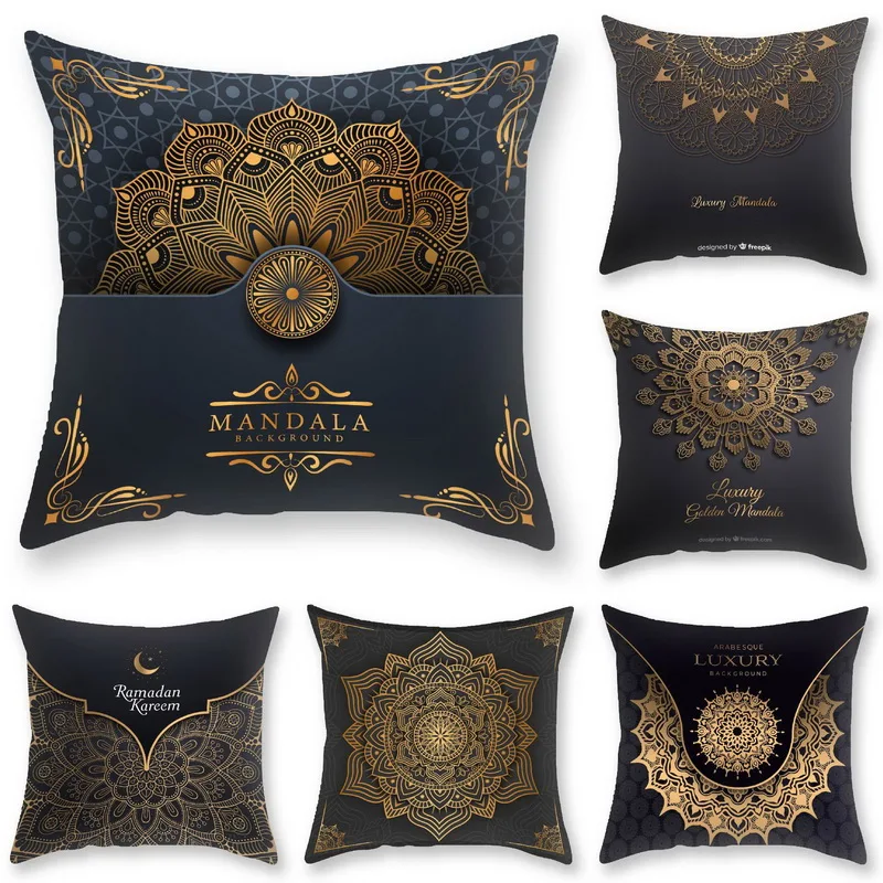 

Подушка из черного золота с мандалой, ткань, спинка дивана, наволочка для спальни, светлая роскошная печатная плюшевая подушка