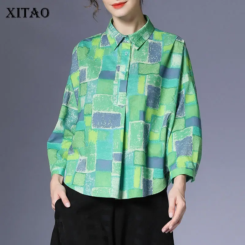 

XITAO, зеленая рубашка в клетку, модная, свободная, с крыльями летучей мыши, простая, темпераментная, с отложным воротником, универсальная, нова...