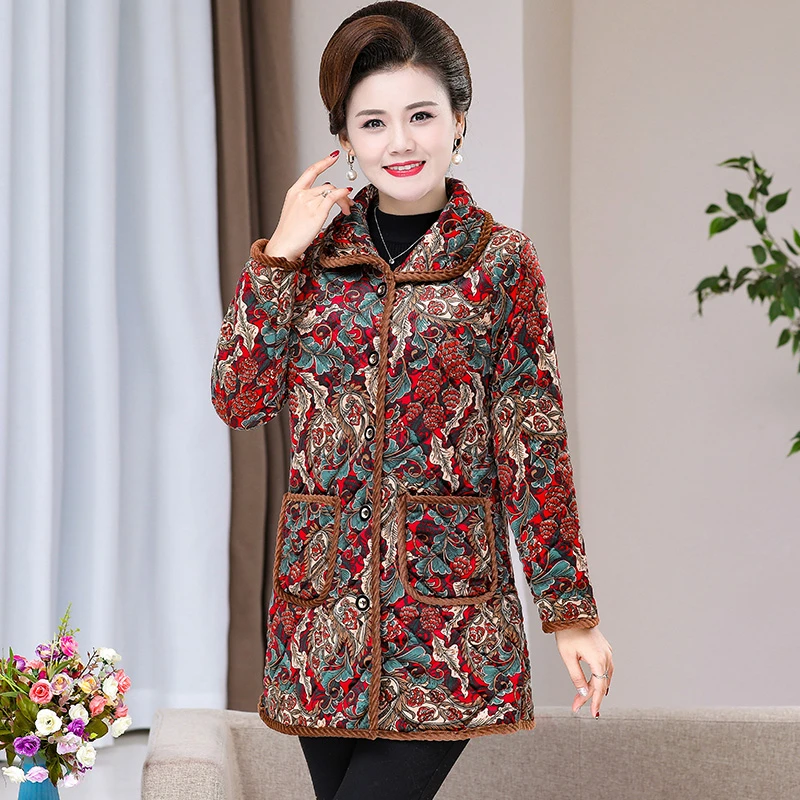 Aged Women Winter Quilted Coat Red Blue Green Floral Thermal Thick Padded Overcoat Warm Fleece Cosy Comfort Basic Coats 60s 70s