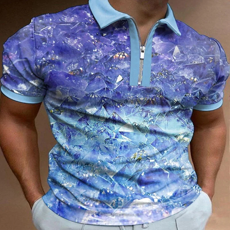 

Vintage Art Geometric Stripe 3D Print Polo Zipper Short Sleeve Shirt for Men