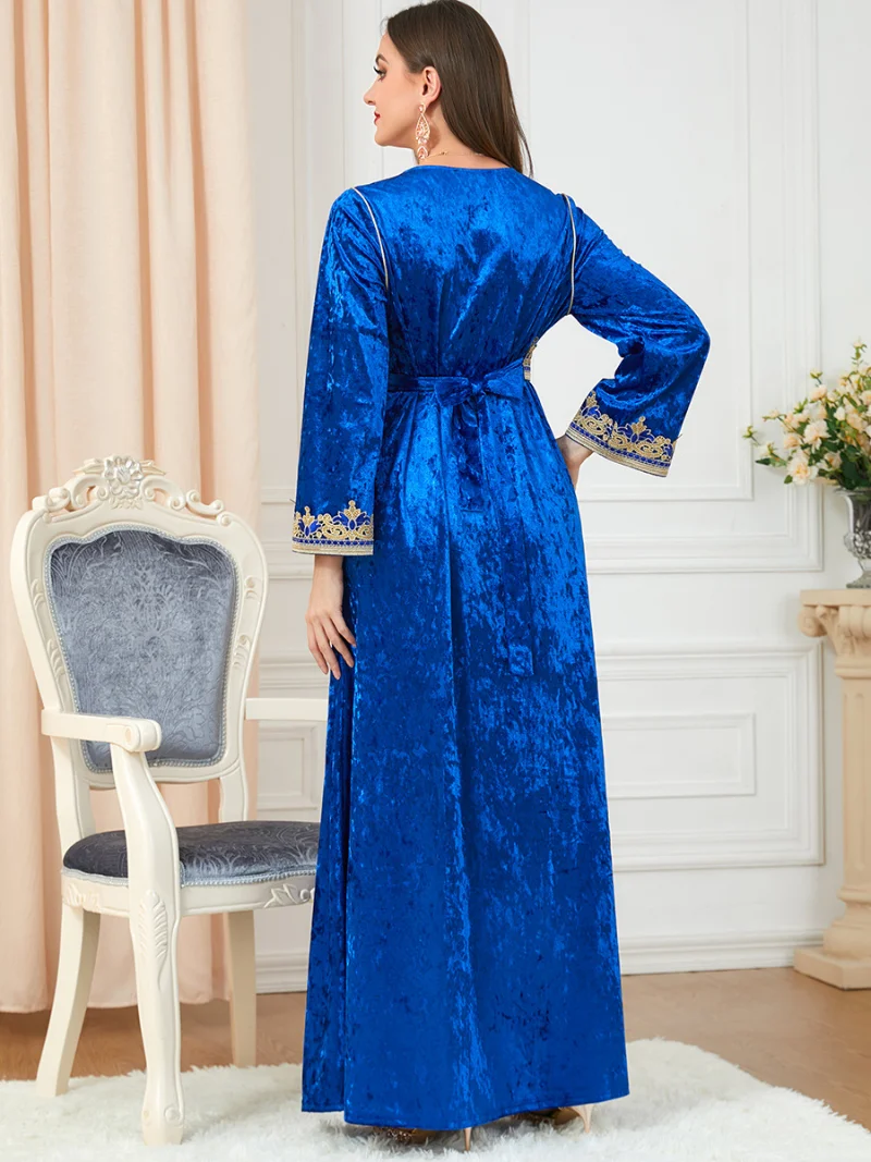 Muslim Clothes Women V-Neck Lace Tape Embroidery Long Sleeve Velvet Dress Belted Abaya Wedding Caftan Moroccan Ramadan