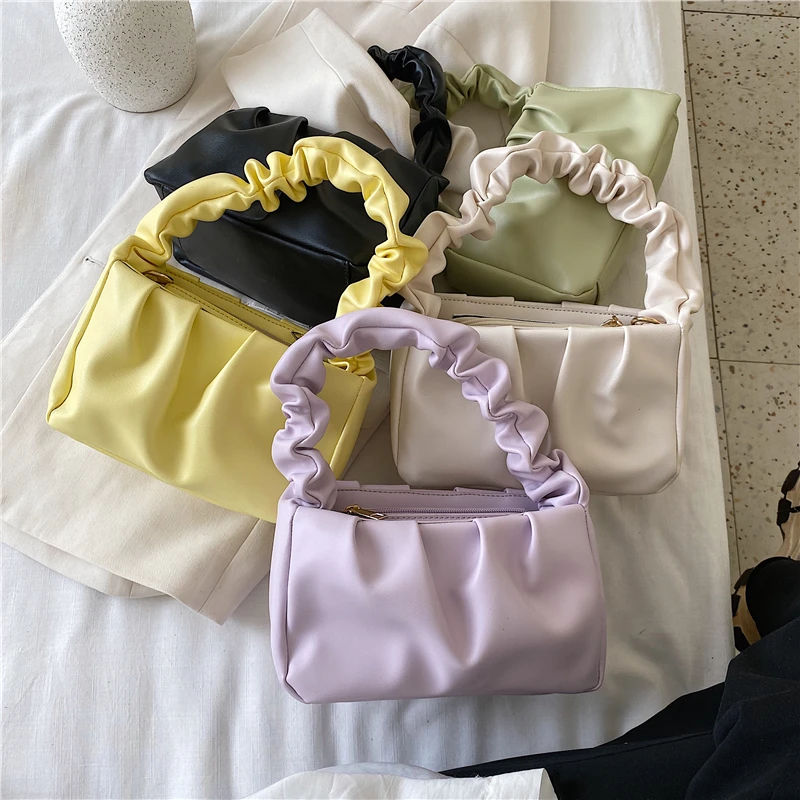 

2022New Solid Color Cloud Fold Handbag for Women Female Spring Summer Soft PU Leather Underarm Bag Simple Shoulder Messenger Bag
