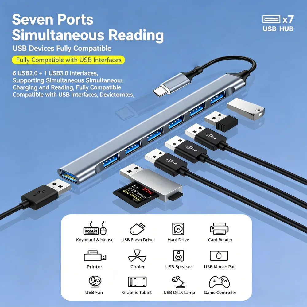 Фото USB-концентратор KEBIDUMEI USB 3.0, 5 Гбит/с, высокоскоростной, 7 портов, USB-C хаб, USB-разветвитель, мульти-удлинитель, OTG-адаптер для ПК, ноутбуков, Macbook Pro №4