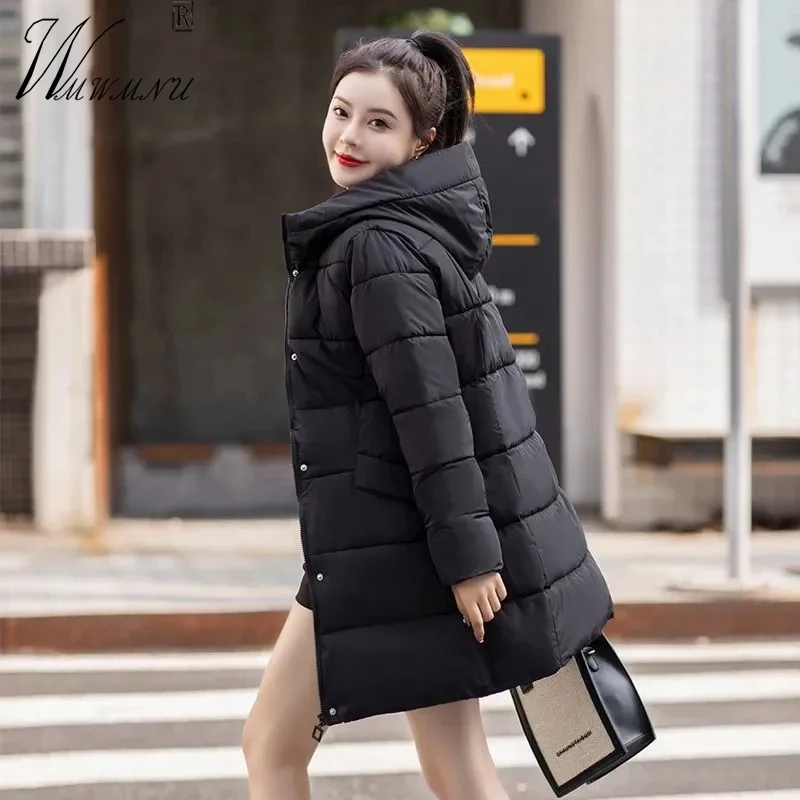 

Winter Basic Hooded Parka Women Casual Mid Length Cotton Jacket Korean Solid color Padded Coat Women Snow Zipper Mom's Overcoat