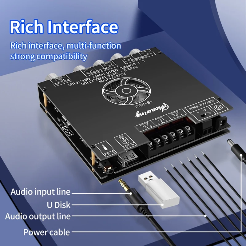 

YS-AS21 2.1-Channel Bluetooth Digital Amplifier Board TPA3251 220Wx2+350W High-Power High-Bass Adjustment Subwoofer Audio Module