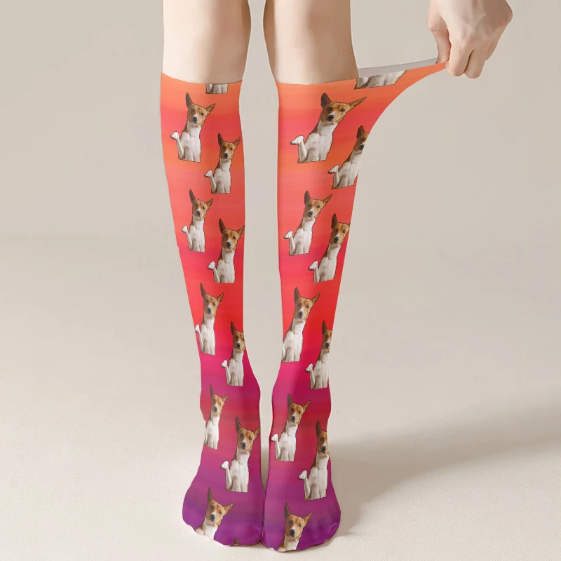 Pink Gradient Rainbow Over-The-Knee Stockings DIY Face Personalized Custom Calf Socks Harajuku Fashion Sexy Women Stockings