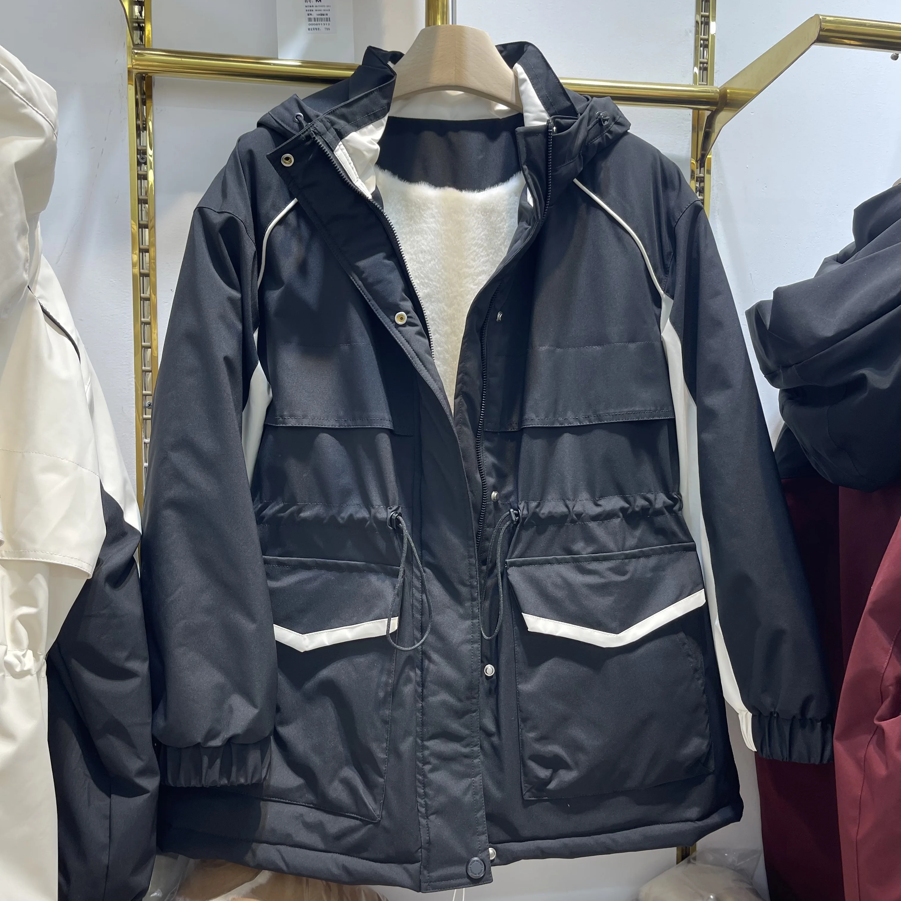 Mid-Length Hood Embroidery Fleece-lined Thickened Trench coat Outerwear Women 2024 Winter New Western Sle Waist Hugging Sli...