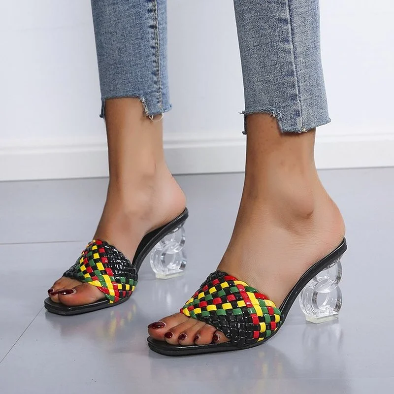

Women Sandals Weave Ladies High Heel Sandals Open Toes Strange Heel Slip On Fashion Female Slides Summer Shoes Gladiator Casual
