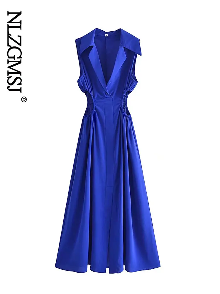 

Nlzgmsj ZBZA 2022 Summer Women Hollow Out Pleated Green Midi Long Dress Sleeveless Front Buttons V Casual A-Line Robe 202203