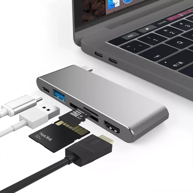 

New Fashion Type C Hub USB C to HDMI-compatible 4K USB-C PD SD Card Adapter Dock TF Donge Slot For MacBook Pro Aluminum Alloy S