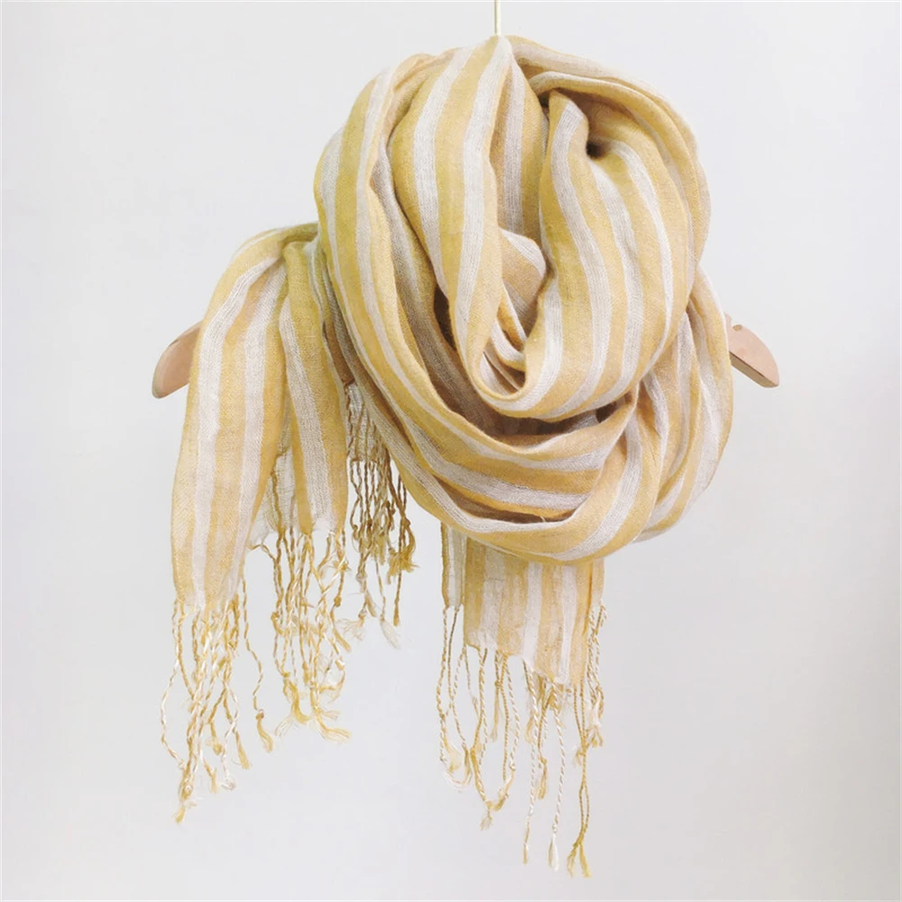 Японский льняной шарф модный хлопковый унисекс с кисточками окрашенный в