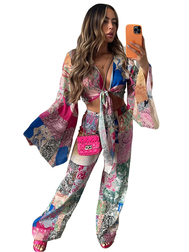 

2 Piece Set African Clothes Women Lace Up Flare Sleeve Crop Tops And Pant Suit Fashion Print Streetwear Dashiki African Outfits