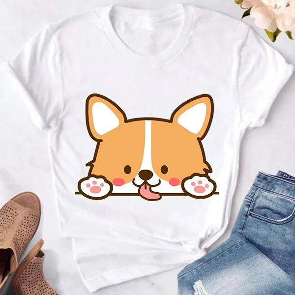 Женская футболка с коротким рукавом круглым вырезом и принтом собаки