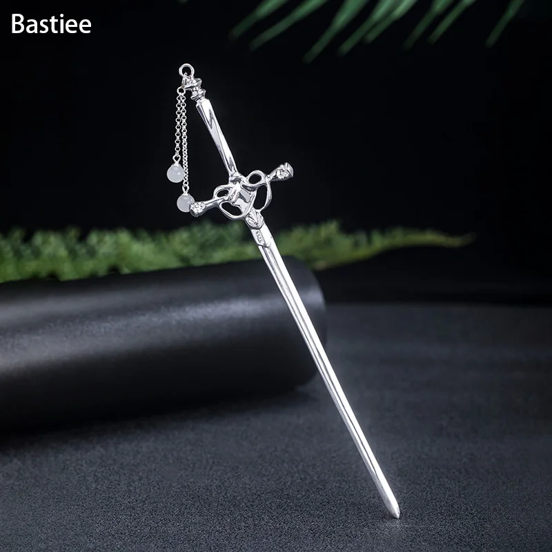 

Bastiee S925 Silver Hairpin Chinese Style Hetian Jade Tassel Ancient Ethnic Hanfu Treasured Sword Hair Accessories