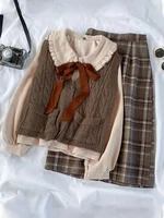 preppy three piece womens suit spring autumn female student korean loose lace up shirt knitted vest plaid skirt sets