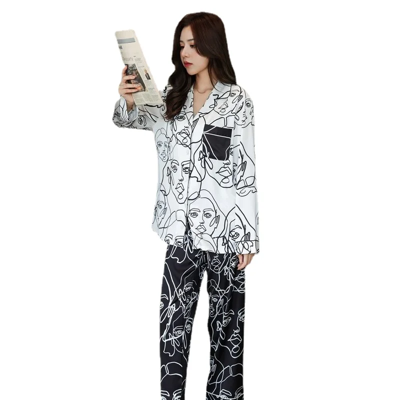 Ice Silk Pajamas Women's New Simple Black and White Print Long-sleeved Trousers Comfortable Two-piece Home Service