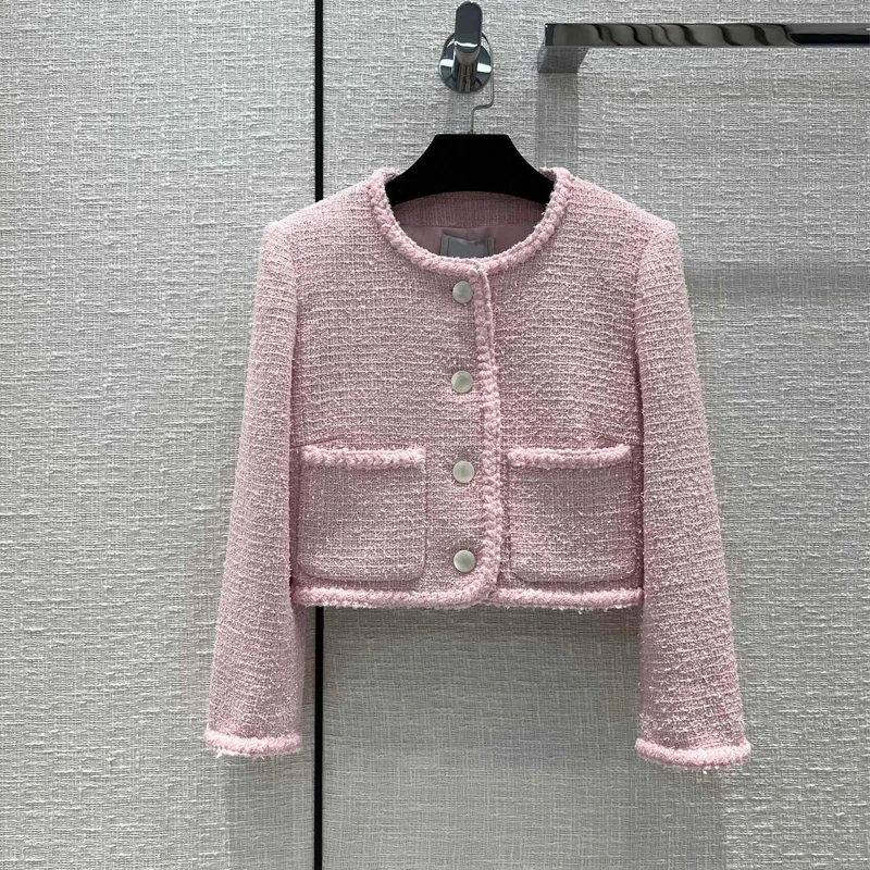 

Short Pink Casaco Feminino 2022 Autumn Winter Brand Designer Elegant Tweed Jackets for Women O-neck Woolen Coat Femme