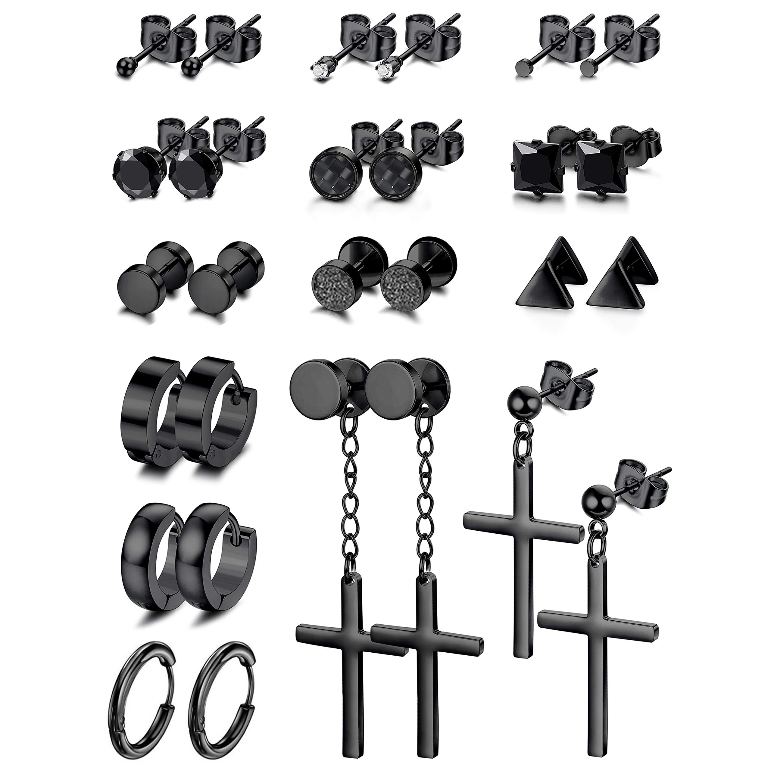 

14 Pairs Stainless Steel Stud Earrings for Men Hoop Cross Dangle Earrings Set Huggie Hinged Earrings Tiny Stud Earrings Black
