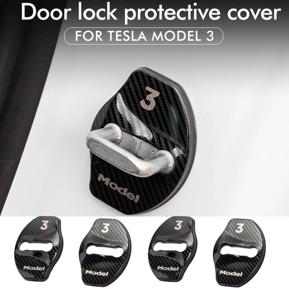 4pcs Carbon Fiber Car Styling Door Lock Protective Buckle Cover Anti-rust Trim Cap for Tesla Model 3 Y