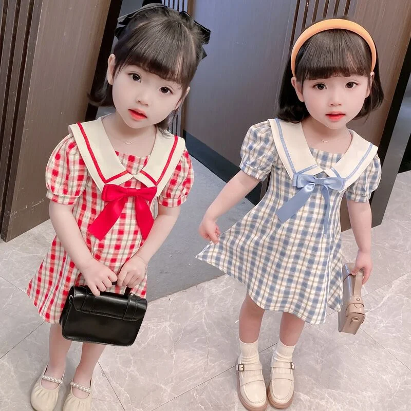 

Girls Clothes 2 To 8 Years Adorable and Fashionable Girls Check Dress with Bubble Sleeves and Princess Style for Summer