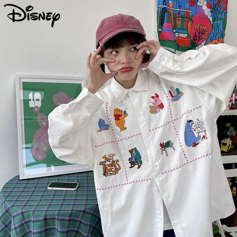 

Disney Pooh Bear Piglet Cartoon Embroidered Women Shirt Y2k Preppy Tigger Eeyore Anime Student Loose Tops Korean Casual Clothes