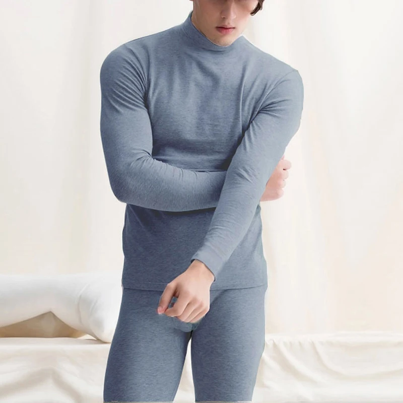 2pieces/set 2023 New Arrival Autumn Winter Men Thermal Underwear Set Solid Color Warm Pullover Tops and Pants Set Male Clothing
