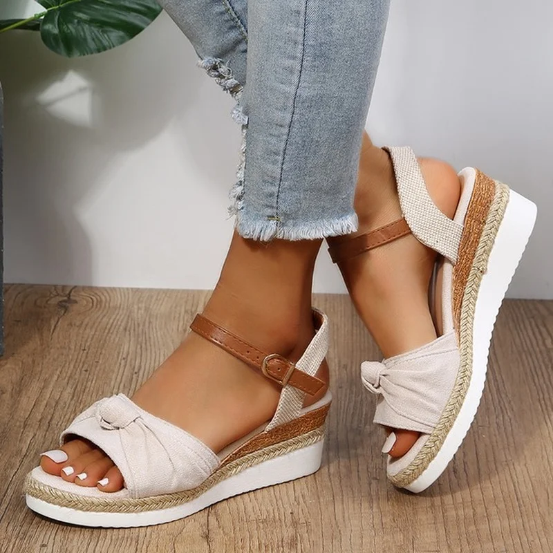 

BKQU Summer Wedges Sandals 2022 Open Toe Flock Bowtie Platform Gladiator Shoes Woman Mix Color Non-slip Rome Sandalias
