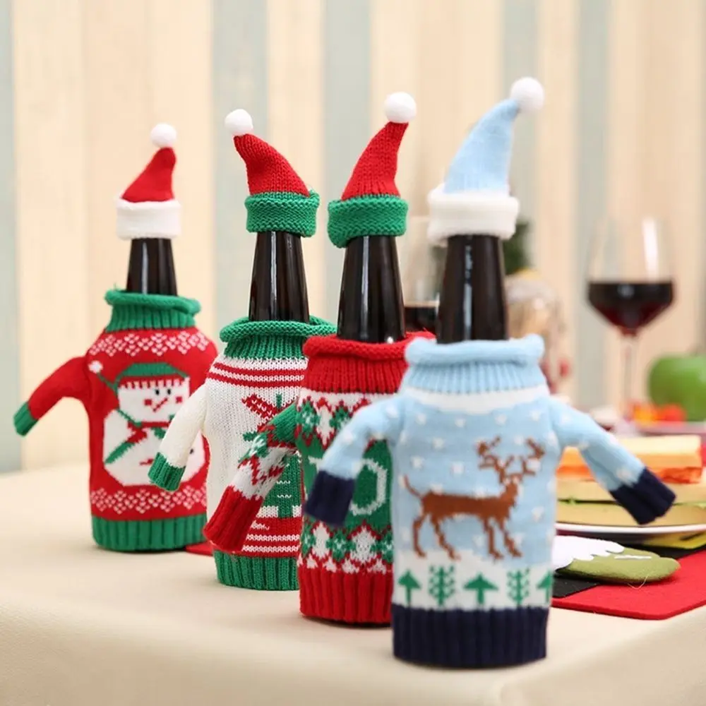 

Wine Bottle Bag Christmas Bottle Cover Knitted Sleeve Clothes Hat Sweater Decorationsm Xas Party Dinner Table Decor Champagne
