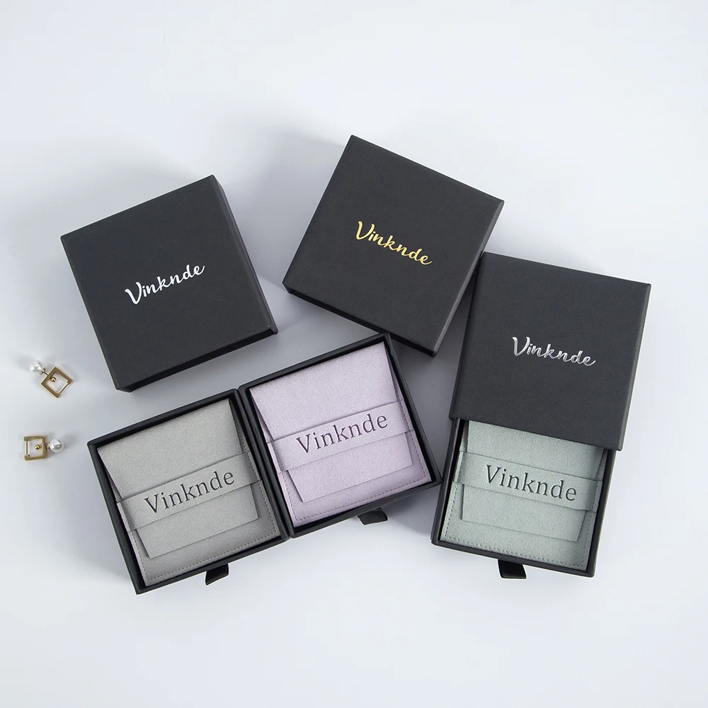 Black Drawer Jewelry Box Microfiber Gift Bags Pouches Sst Custom Logo Bulk Rings Earrings Packaging Storage Cardboard Case Boxes