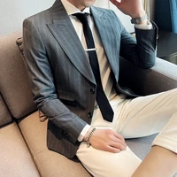 classic striped men blazers british style wedding business casual suit jackets streetwear social formal dress coat costume homme