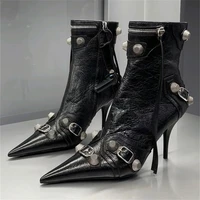 new women slim high heel metal buckle chain luxury shoes fashion comfortable pointed toe ankle boots stiletto party short boots