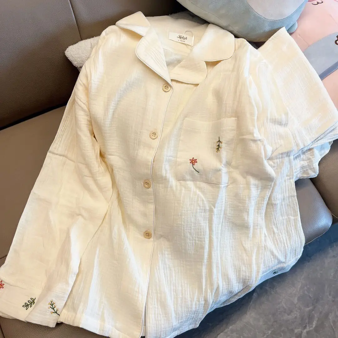 

Korean Version Pajamas Women Sleepwear Cotton Yarn Cardigan Long-Sleeved Suit Embroidery Plus Size Home Wear Clothes Pajama