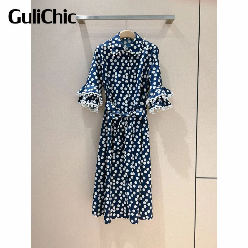 

5.30 GuliChic Women Vintage Temperament Lapel Collar Half Flare Sleeve Polka Dot Print Collect Waist Slim Midi Dress