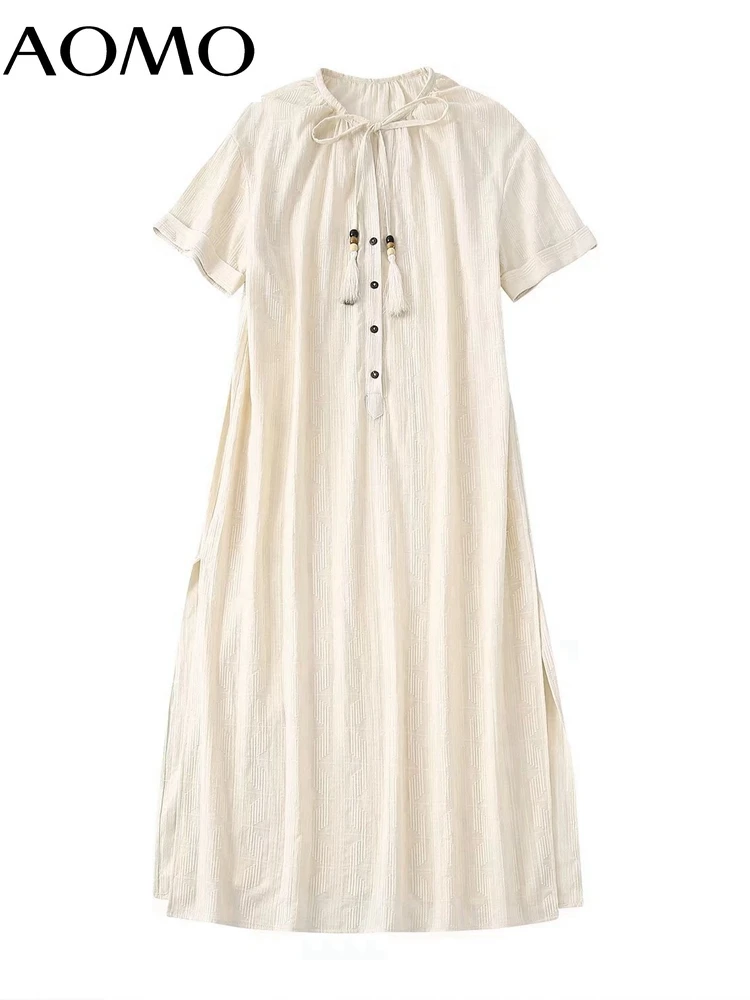 

AOMO 2022 Vintage Women Cotton Line Beige Midi Dress Bow Tassel Short Sleeve Ladies Summer Dress BE337A