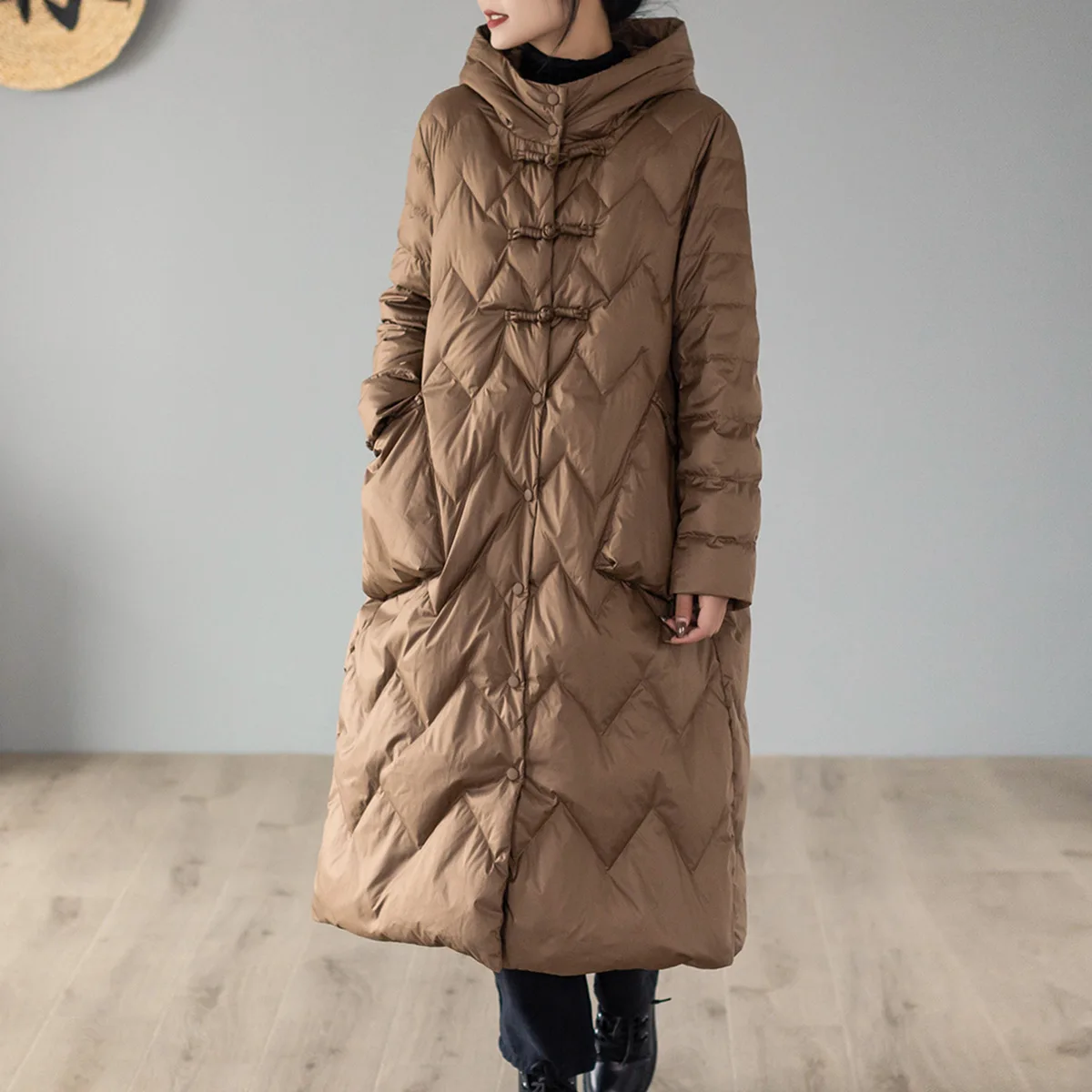 2022 Women White Duck Down Jacket Hooded Chinese Wind Coil Button Warm Medium Length Over Knee Coat